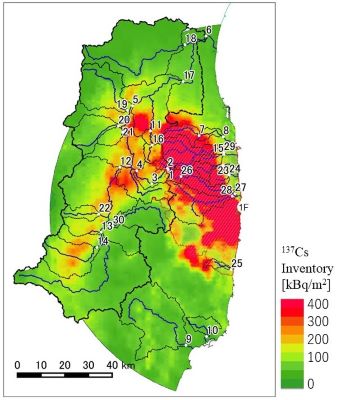 suspended 134Cs and 137Cs concentration in rivers located within 80 km of the Fukushima Daiichi Nuclear Power Plant, measured by Fukushima Prefectural Centre for Environmental Creation. Suspended solids (SS) samplers were installed at 28 river monitoring sites, and SS samples were collected every few months (113 days on average).
